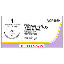 ETHICON Suture, Coated VICRYL Plus, Reverse Cutting, CP, 27", Size 1. MFID: VCP196H
