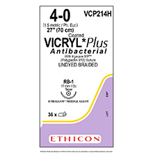 ETHICON Suture, Coated VICRYL Plus, Taper Point, RB-1, 27", Size 4-0. MFID: VCP214H