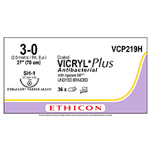 ETHICON Suture, Coated VICRYL Plus, Taper Point, SH-1, 18", Size 3-0. MFID: VCP219H