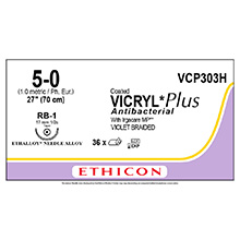 ETHICON Suture, Coated VICRYL Plus, Taper Point, RB-1, 27", Size 5-0. MFID: VCP303H