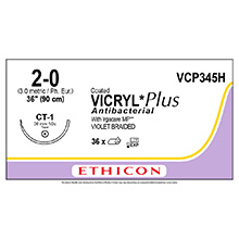 ETHICON Suture, Coated VICRYL Plus, Taper Point, CT-1, 36", Size 2-0. MFID: VCP345H