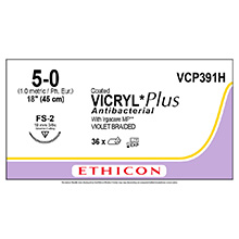 ETHICON Suture, Coated VICRYL Plus, Reverse Cutting, FS-2, 18", Size 5-0. MFID: VCP391H