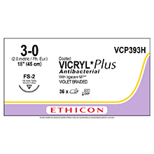 ETHICON Suture, Coated VICRYL Plus, Reverse Cutting, FS-2, 18", Size 3-0. MFID: VCP393H