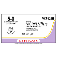 ETHICON Suture, Coated VICRYL Plus, Reverse Cutting, FS-2, 27", Size 5-0. MFID: VCP421H