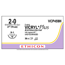 ETHICON Suture, Coated VICRYL Plus, Reverse Cutting, X-1, 18", Size 2-0. MFID: VCP459H