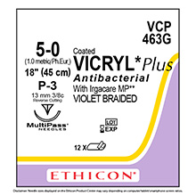 ETHICON Suture, Coated VICRYL Plus, Precision Point - Reverse Cut, P-3, 18", Size 5-0. MFID: VCP463G