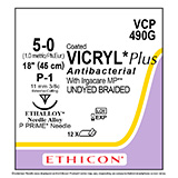 ETHICON Suture, Coated VICRYL Plus, Precision Point - Reverse Cut, P-1, 18", Size 5-0. MFID: VCP490G
