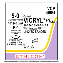 ETHICON Suture, Coated VICRYL Plus, Precision Point - Reverse Cut, P-1, 18", Size 5-0. MFID: VCP490G