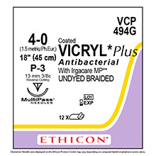 ETHICON Suture, Coated VICRYL Plus, Precision Point - Reverse Cut, P-3, 18", Size 4-0. MFID: VCP494G