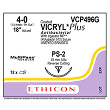 ETHICON Suture, Coated VICRYL Plus, Precision Point - Reverse Cut, PS-2, 18", Size 4-0. MFID: VCP496G