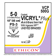 ETHICON Suture, Coated VICRYL Plus, Precision Point - Reverse Cut, PS-3, 18", Size 5-0. MFID: VCP500G