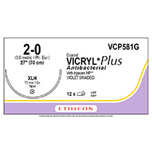 ETHICON Suture, Coated VICRYL Plus, Taper Point, XLH, 27", Size 2-0. MFID: VCP581G