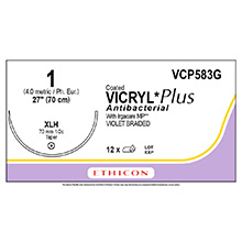 ETHICON Suture, Coated VICRYL Plus, Taper Point, XLH, 27", Size 1. MFID: VCP583G