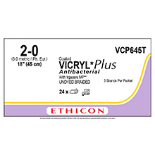 ETHICON Suture, Coated VICRYL Plus, Standard & Short Length Sutures, 3-18", Size 2-0, 2 dozens. MFID: VCP645T