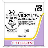 ETHICON Suture, Coated VICRYL Plus, Precision Point - Reverse Cut, PS-1, 18", Size 3-0. MFID: VCP683G