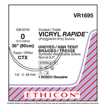 ETHICON Suture, VICRYL RAPIDE, Taper Point, CTX, 36", Size 0. MFID: VR1695