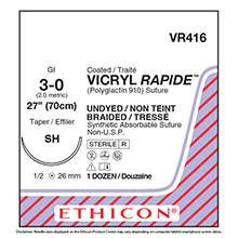 ETHICON Suture, VICRYL RAPIDE, Taper Point, SH, 27", Size 3-0. MFID: VR416