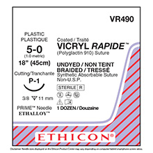 ETHICON Suture, VICRYL RAPIDE, Precision Point - Reverse Cutting, P-1, 18", Size 5-0. MFID: VR490