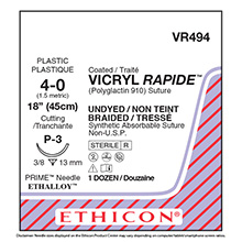 ETHICON Suture, VICRYL RAPIDE, Precision Point - Reverse Cutting, P-3, 18", Size 4-0. MFID: VR494