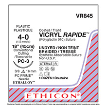 ETHICON Suture, VICRYL RAPIDE, Precision Cosmetic- Conventional Cutting PRIME, PC-3, 18", Size 4-0. MFID: VR845