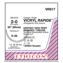 ETHICON Suture, VICRYL RAPIDE, TAPERCUT, V-34, 36", Size 2-0. MFID: VR917