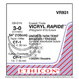 ETHICON Suture, VICRYL RAPIDE, Taper Point - Reverse Cutting, CT-1 / CP-1, 54", Size 3-0. MFID: VR931