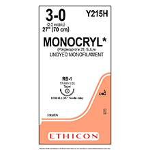 ETHICON Suture, MONOCRYL, Taper Point, RB-1, 27", Size 3-0. MFID: Y215H