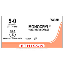 ETHICON Suture, MONOCRYL, Taper Point, RB-1, 27", Size 5-0. MFID: Y303H