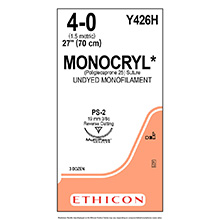 ETHICON Suture, MONOCRYL, Precision Point - Reverse Cutting, PS-2, 27", Size 4-0. MFID: Y426H
