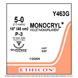 ETHICON Suture, MONOCRYL, Precision Point - Reverse Cutting, P-3, 18", Size 5-0. MFID: Y463G