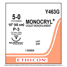 ETHICON Suture, MONOCRYL, Precision Point - Reverse Cutting, P-3, 18", Size 5-0. MFID: Y463G