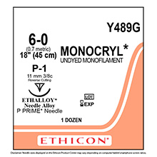 ETHICON Suture, MONOCRYL, Precision Point - Reverse Cutting, P-1, 18", Size 6-0. MFID: Y489G