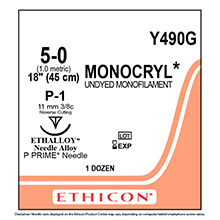ETHICON Suture, MONOCRYL, Precision Point - Reverse Cutting, P-1, 18", Size 5-0. MFID: Y490G