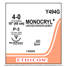 ETHICON Suture, MONOCRYL, Precision Point - Reverse Cutting, P-3, 18", Size 4-0. MFID: Y494G