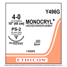 ETHICON Suture, MONOCRYL, Precision Point - Reverse Cutting, PS-2, 18", Size 4-0. MFID: Y496G