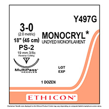 ETHICON Suture, MONOCRYL, Precision Point - Reverse Cutting, PS-2, 18", Size 3-0. MFID: Y497G