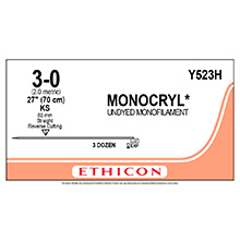 ETHICON Suture, MONOCRYL, Straight Cutting Needles, KS, 27", Size 3-0. MFID: Y523H