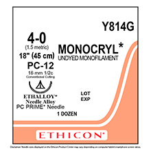 ETHICON Suture, MONOCRYL, Precision Cosmetic - Conventional Cutting PRIME, PC-12, 18", Size 4-0. MFID: Y814G