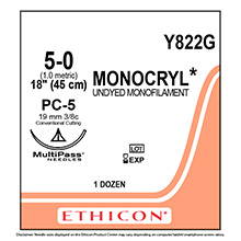 ETHICON Suture, MONOCRYL, Precision Cosmetic - Conventional Cutting PRIME, PC-5, 18", Size 5-0. MFID: Y822G