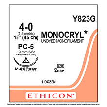 ETHICON Suture, MONOCRYL, Precision Cosmetic - Conventional Cutting PRIME, PC-5, 18", Size 4-0. MFID: Y823G