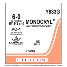 ETHICON Suture, MONOCRYL, Precision Cosmetic - Conventional Cutting PRIME, PC-1, 18", Size 6-0. MFID: Y833G