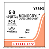 ETHICON Suture, MONOCRYL, Precision Cosmetic - Conventional Cutting PRIME, PC-1, 18", Size 5-0. MFID: Y834G