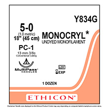 ETHICON Suture, MONOCRYL, Precision Cosmetic - Conventional Cutting PRIME, PC-1, 18", Size 5-0. MFID: Y834G