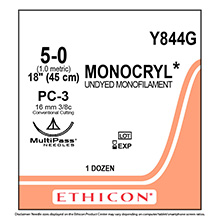 ETHICON Suture, MONOCRYL, Precision Cosmetic - Conventional Cutting PRIME, PC-3, 18", Size 5-0. MFID: Y844G