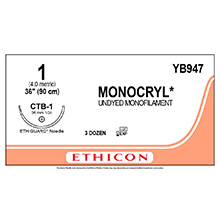 ETHICON Suture, MONOCRYL, ETHIGUARD - Blunt Point, CTB-1, 36", Size 1. MFID: YB947
