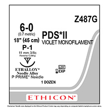 ETHICON Suture, PDS II, Precision Point - Reverse Cutting, P-1, 18", Size 6-0. MFID: Z487G