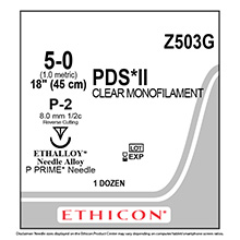 ETHICON Suture, PDS II, Precision Point - Reverse Cutting, P-2, 18", Size 5-0. MFID: Z503G