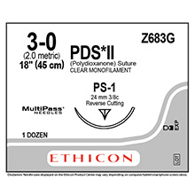 ETHICON Suture, PDS II, Precision Point - Reverse Cutting, PS-1, 18", Size 3-0. MFID: Z683G