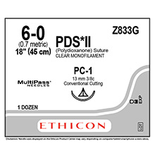 ETHICON Suture, PDS II, Precision Cosmetic - Conventional Cutting PRIME, PC-1, 18", Size 6-0. MFID: Z833G