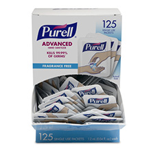 PURELL SINGLES Advanced Hand Sanitizer, Refreshing Gel, 0.04 oz Packets, Display Box. MFID: 9630-12-125CT-NS